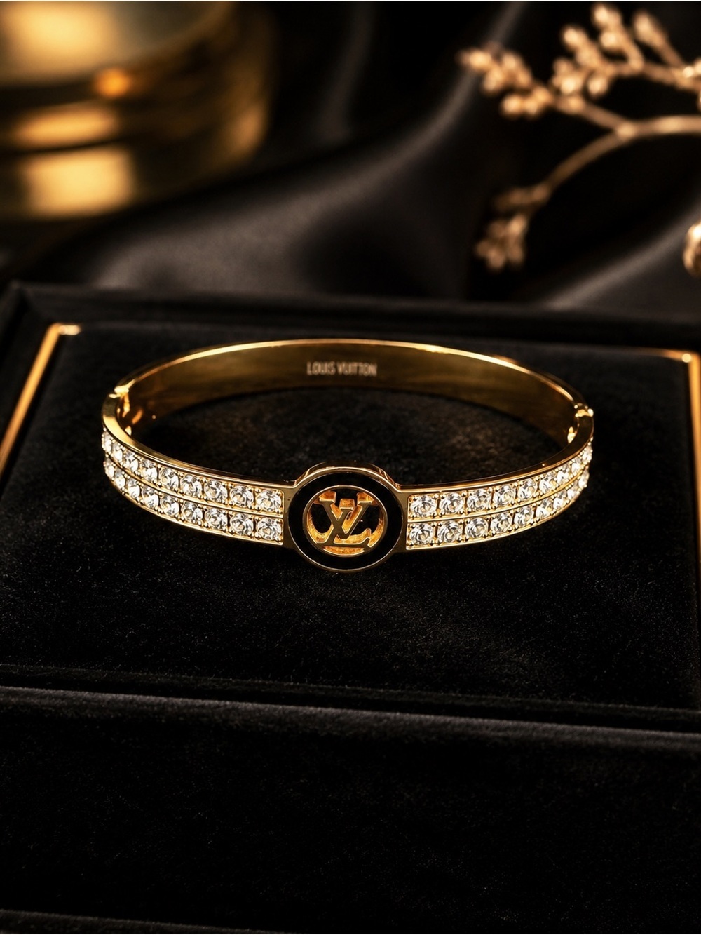 Gold Crystal Double-Row LV Logo Hinged Bangle Bracelet